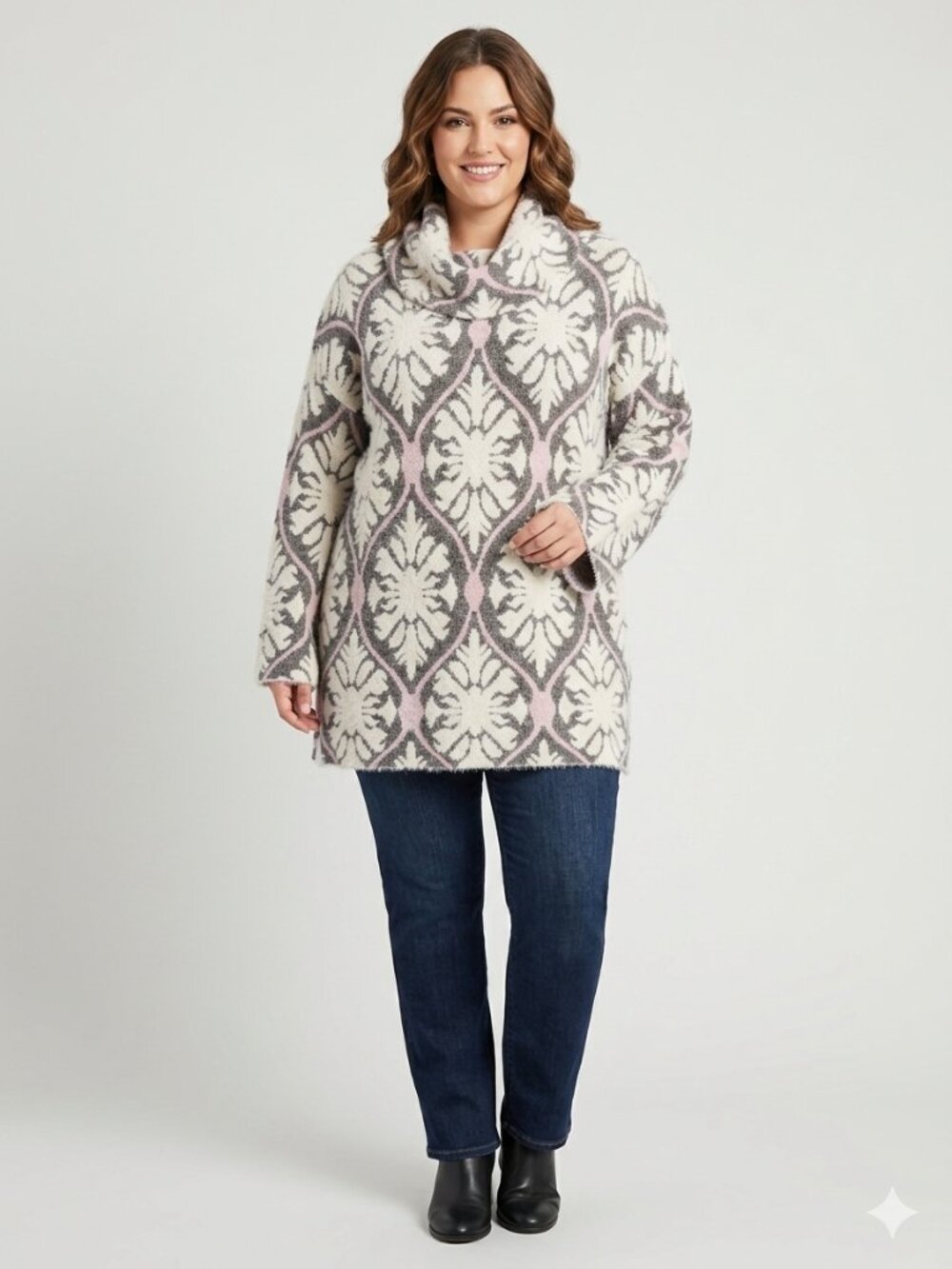 NWT Ruby Rd. Cozy Fuzzy Damask Tunic Sweater Cowl Neck 1X